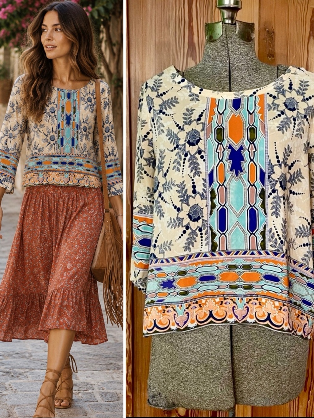 Anthropologie Maeve Sidney Boho Silk Blouse Floral Border Print Top Sz 8P💛🎀
